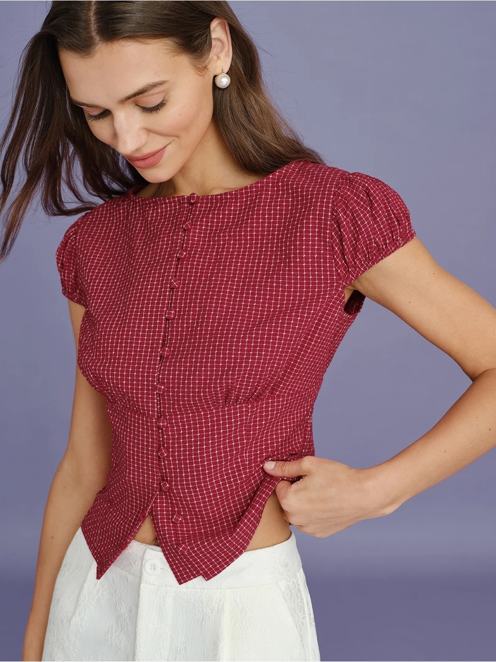 RIHOAS Red Button-Front Peplum Short-Sleeve Blouse - Picture 2 of 9